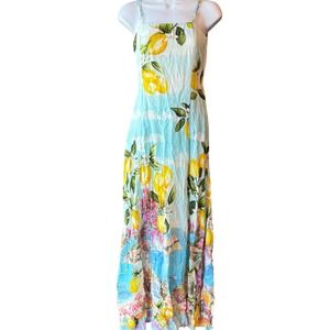 Paper Heart Lemon Print Maxi Dress Sz XSmall Linen Blend Cutout Back Summer NEW